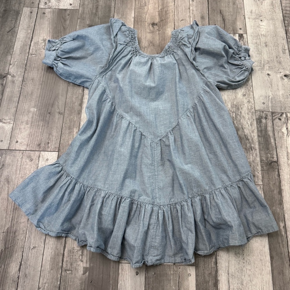 Free People Amelie Denim Chambray Mini Baby Doll Ruffle Dress Boho XS - Picture 9 of 11